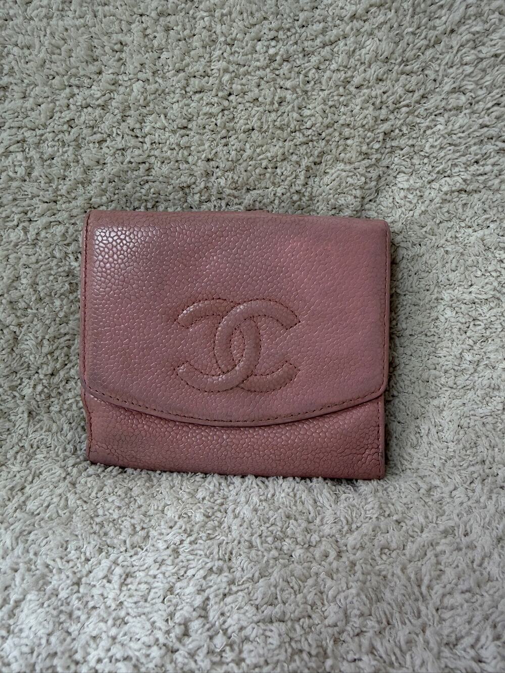 Chanel Pink Caviar Leather CC Logo French Trifold Compact Small Flap Wallet